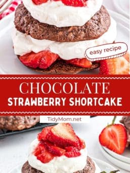 Chocolate strawberry shortcake on a white plate photo collage