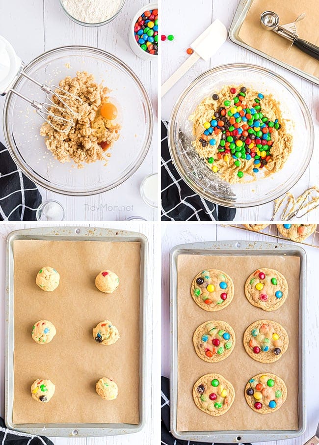 photo collage of how to make m&m cookies at home