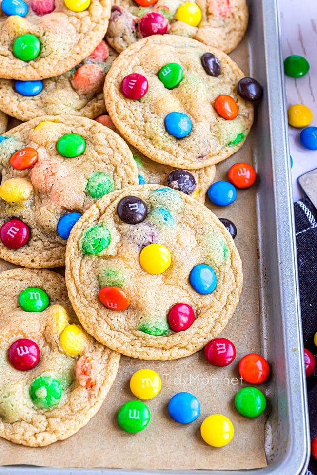 homemade m&m cookies on a sheet pan 