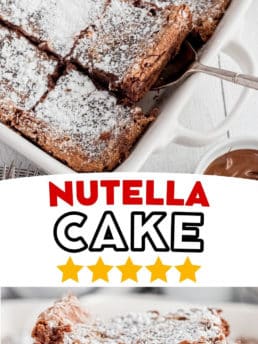 gooey butter nutella cake in a pan and a slice on a spatula