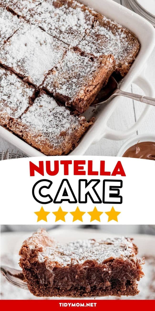 gooey butter nutella cake in a pan and a slice on a spatula