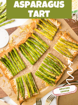delicious Asparagus gruyere tart cut into servings on a counter