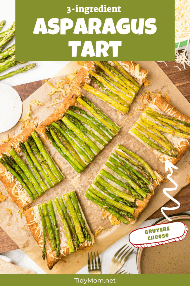 delicious Asparagus gruyere tart cut into servings on a counter