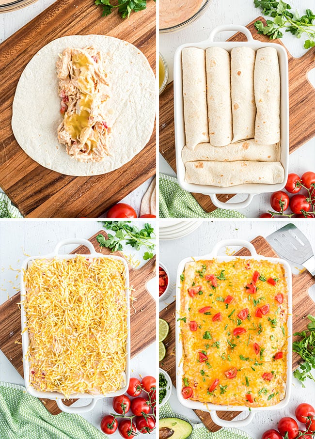 Photo collage of how to make chicken enchiladas made with cream of chicken soup