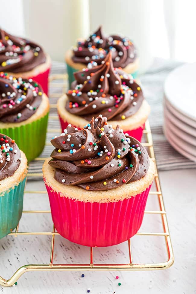 easy chocolate buttercream frosting on vanilla cupcakes
