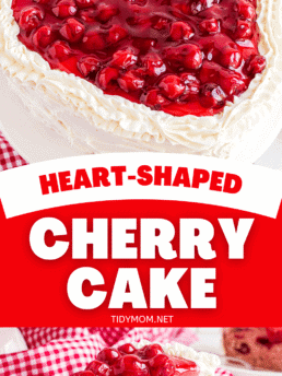 heart shaped cheery cake with buttercream and cherry pie filling