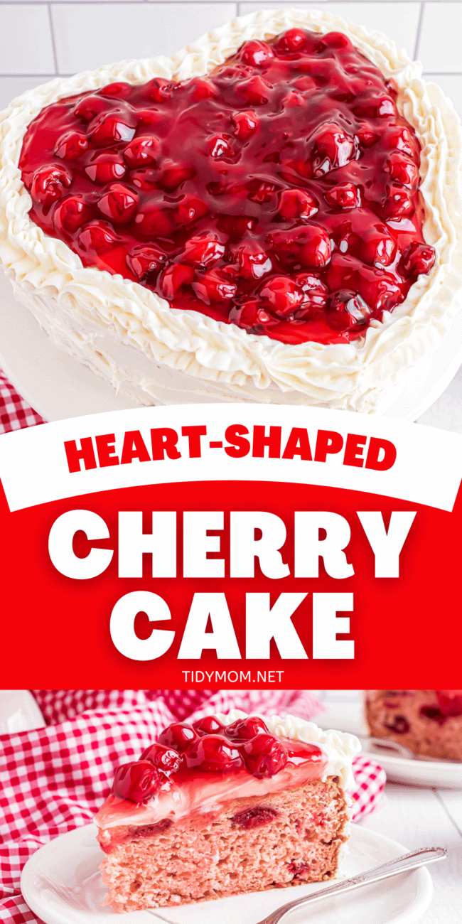 heart shaped cheery cake with buttercream and cherry pie filling