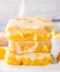 stack of easy lemon brownies on a counter