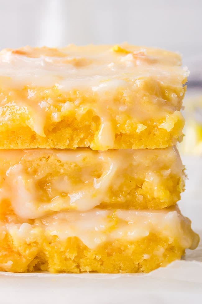 Close up of a stack of lemon brownies