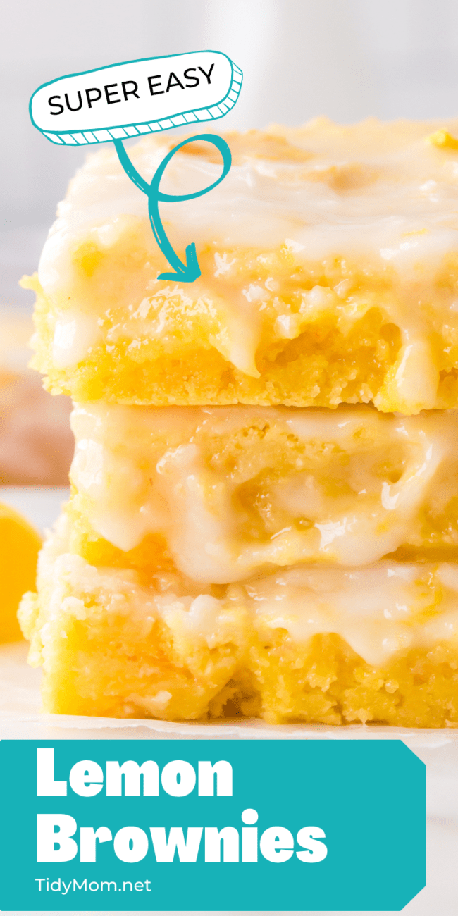 stack of three Lemon Brownies with lemon glaze