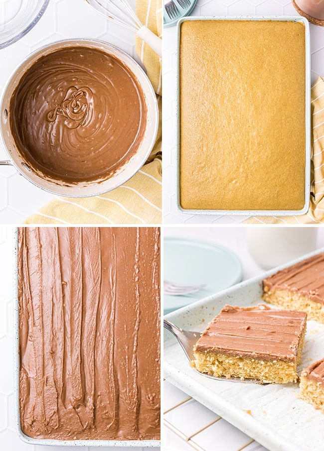 how to make Texas sheet cake chocolate frosting photo collage