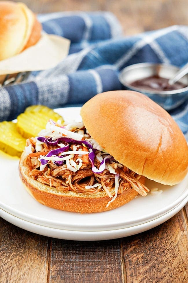 pulled chicken breast slow cooker opened sandwich