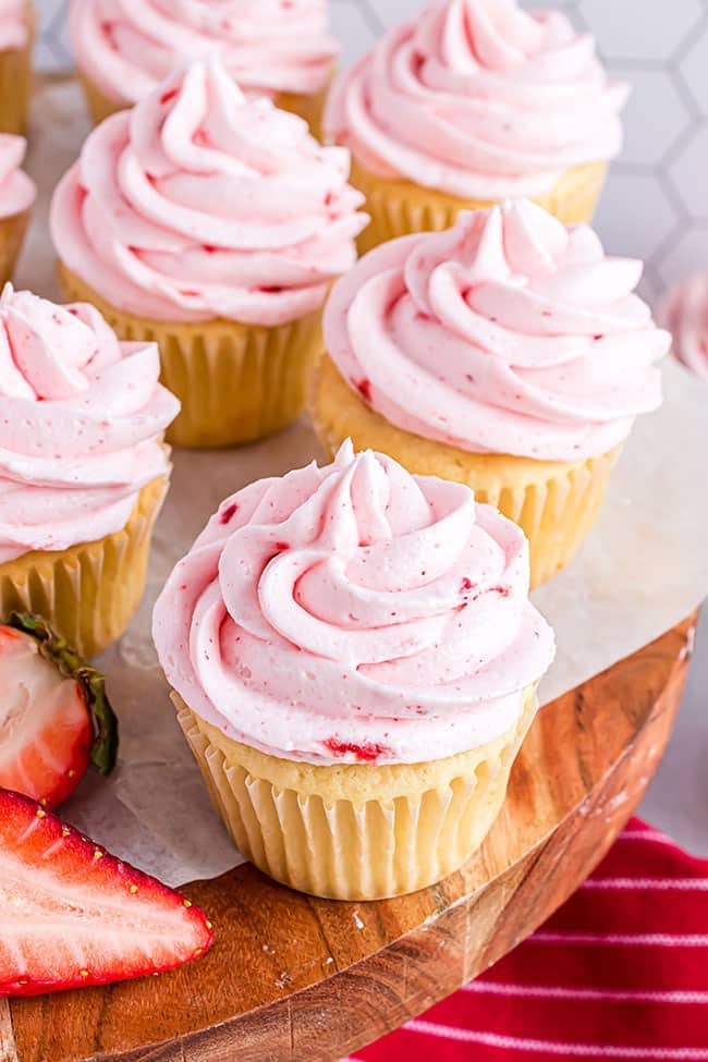 vanilla cupcakes with cake mix and fresh strawberry frosting