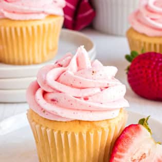 vanilla cupcakes with cake mix and fresh strawberry buttercream