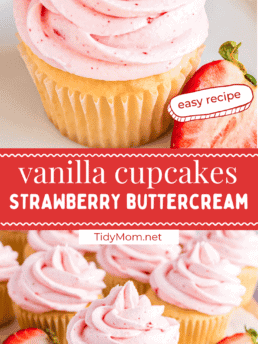 vanilla cupcakes with strawberry frosting photo collage