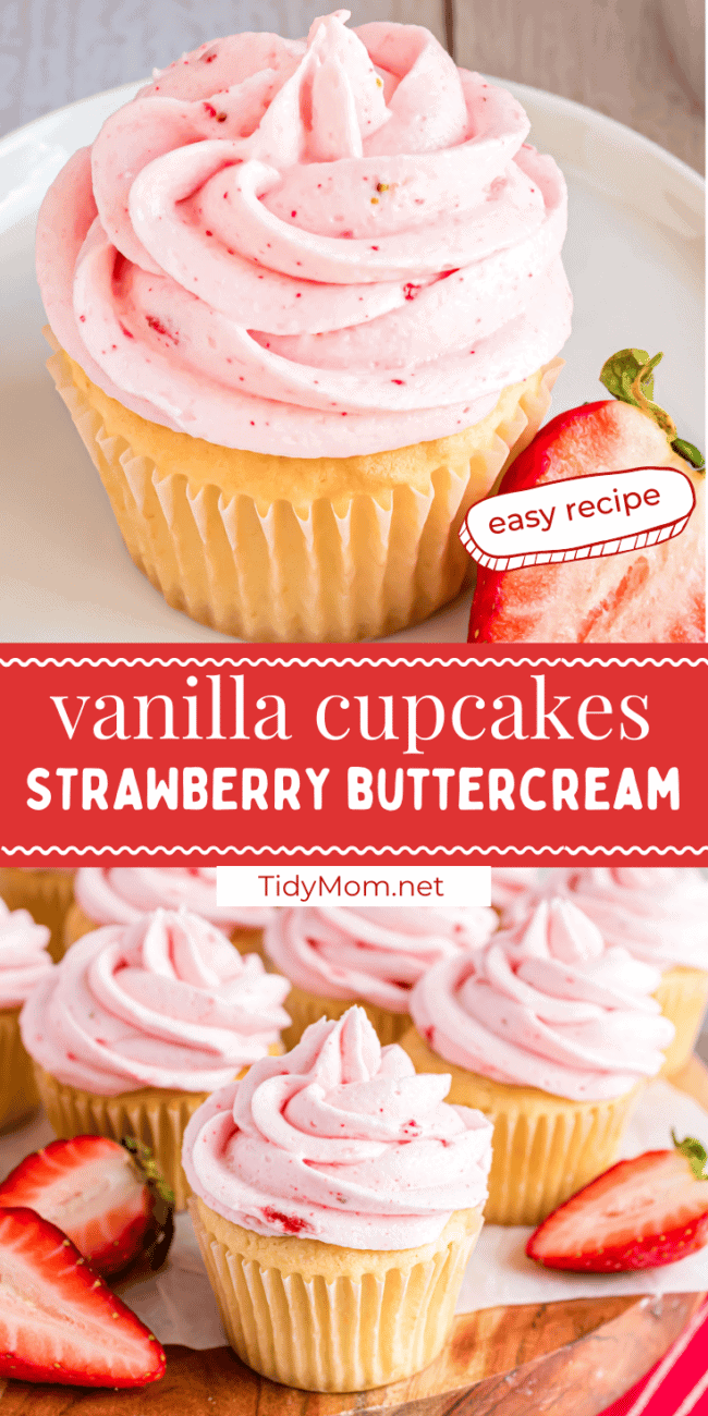 vanilla cupcakes with strawberry frosting photo collage