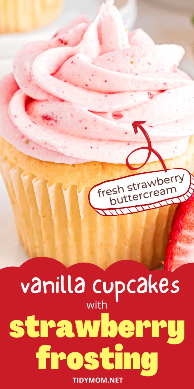 close up of vanilla cupcake with strawberry frosting