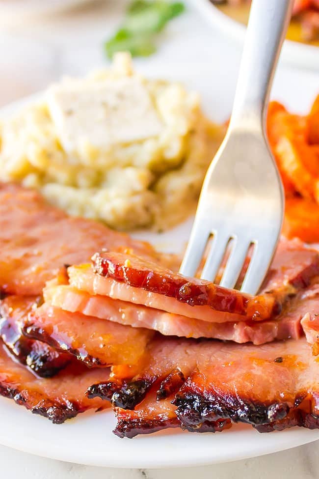 Apricot Glazed Ham on a fork