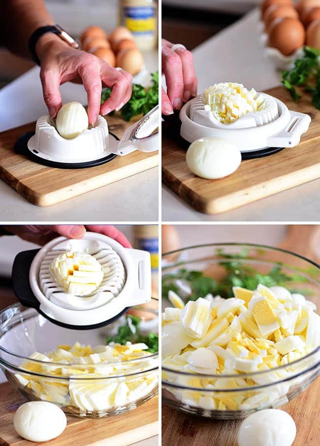 chopping hard-boiled eggs with an egg slicer