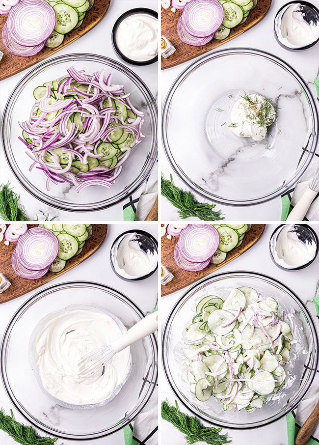 how to make creamy cucumber salad photo collage