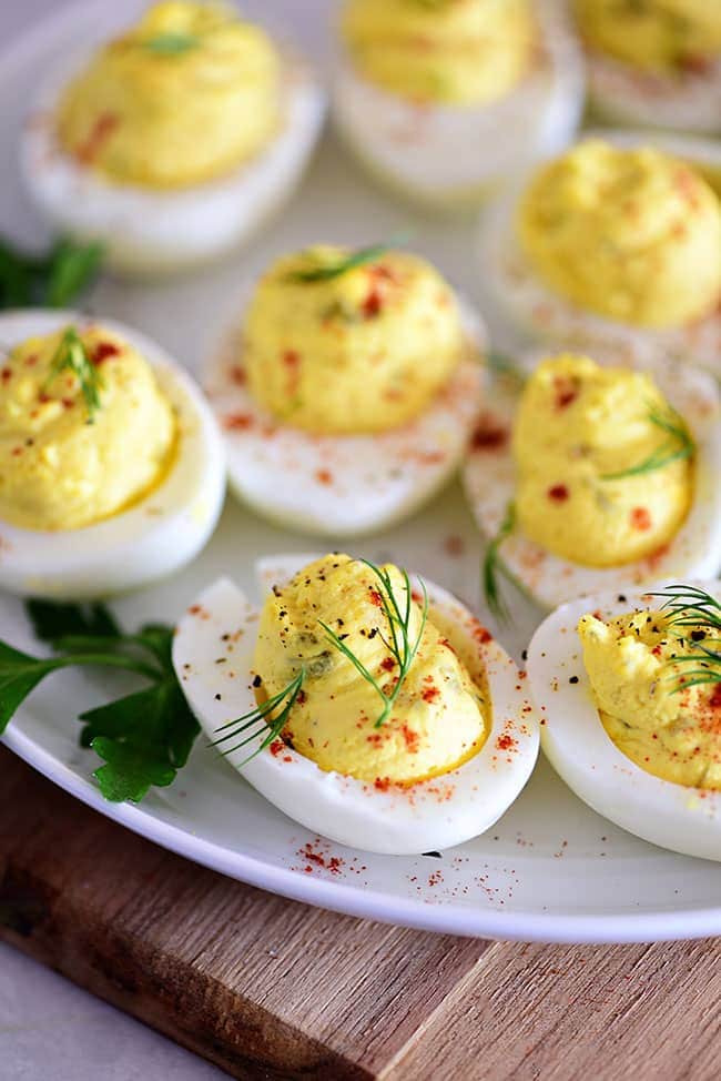 Easy deviled eggs on a white plate