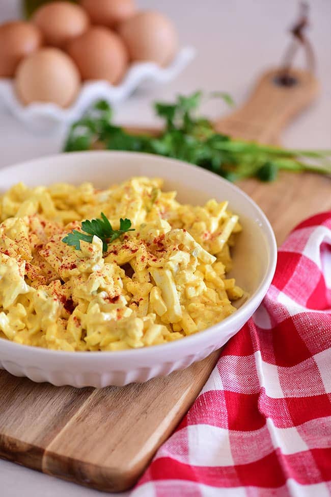 a bowl of classic egg salad for sandwiches