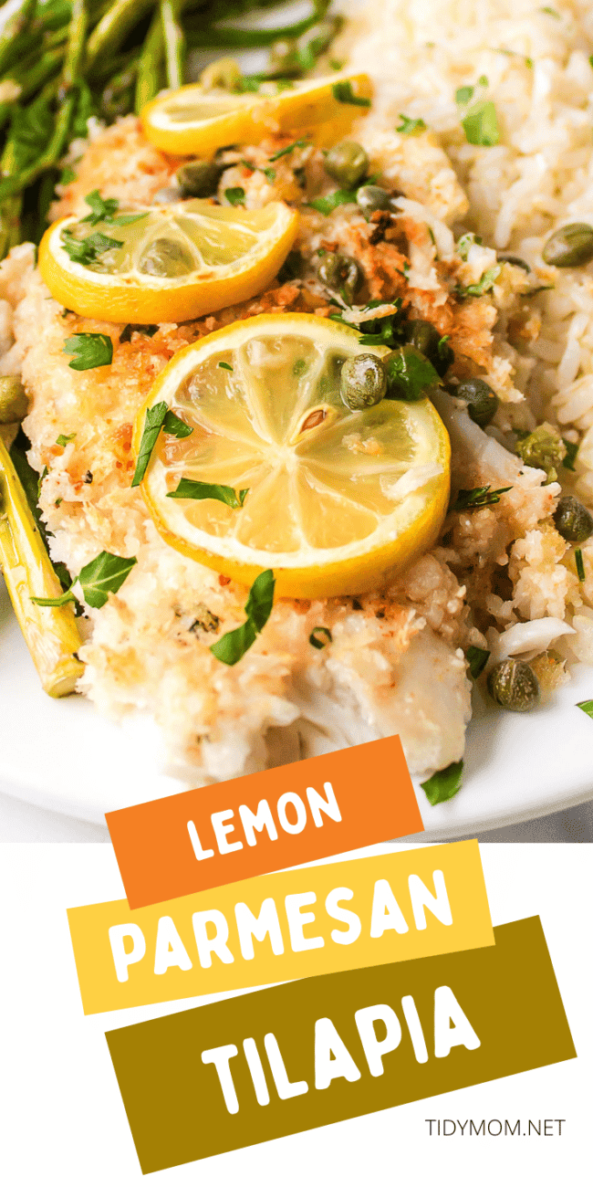 Oven baked Parmesan Crusted Lemon Tilapia on a plate with lemon capers
