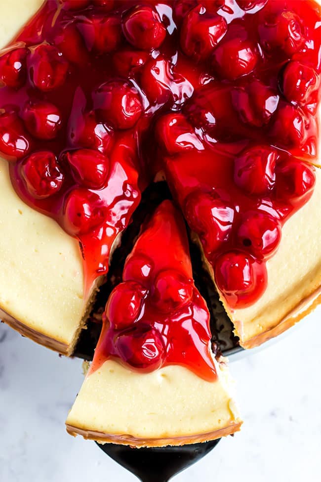 overhead shot of Brownie bottom cherry cheesecake