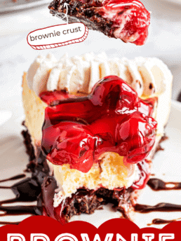 Brownie bottom cherry cheesecake on a fork