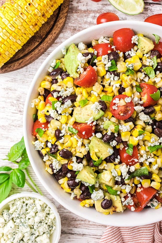 easy corn salad recipe in a white bowl