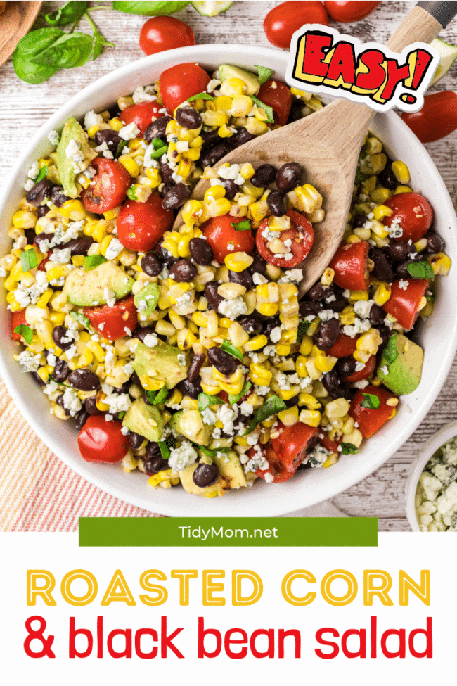 Easy Roasted Corn And Black Bean Salad in a white bowl