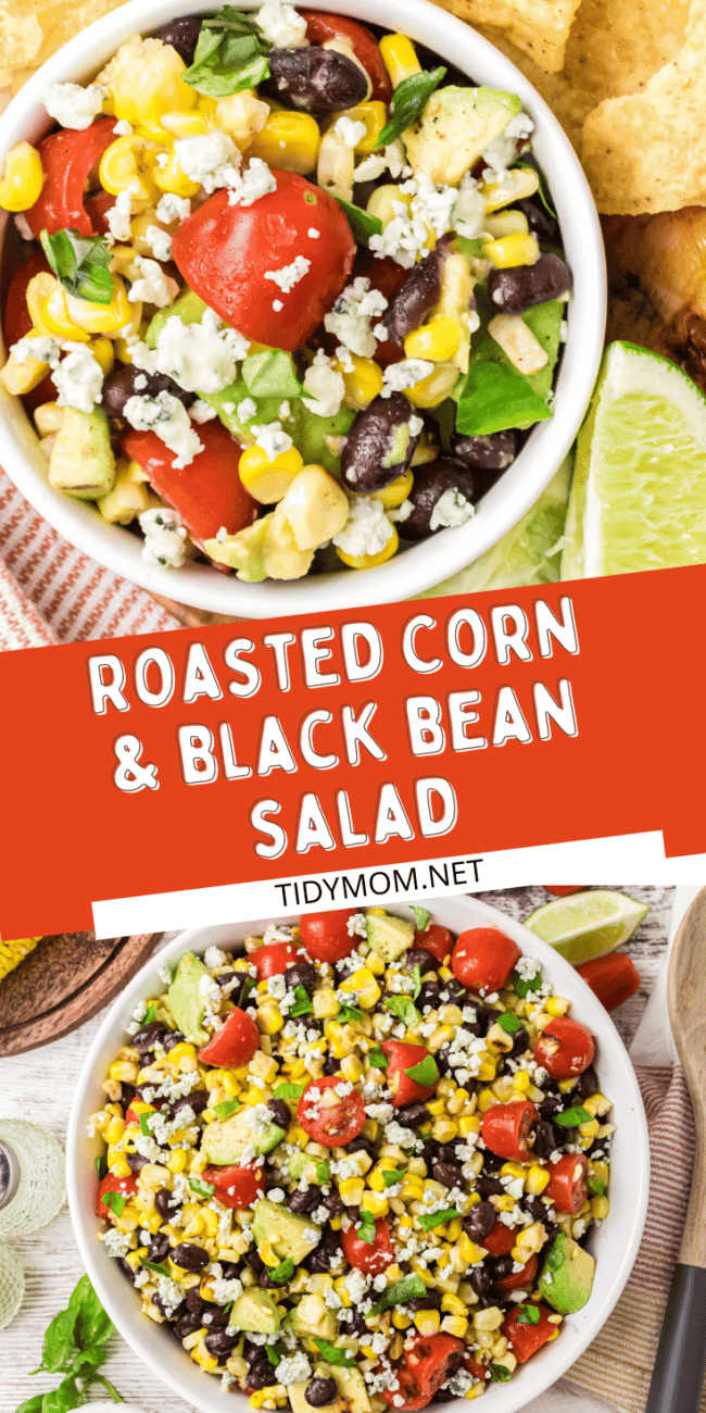 Easy Roasted Corn And Black Bean Salad in a bowl photo collage