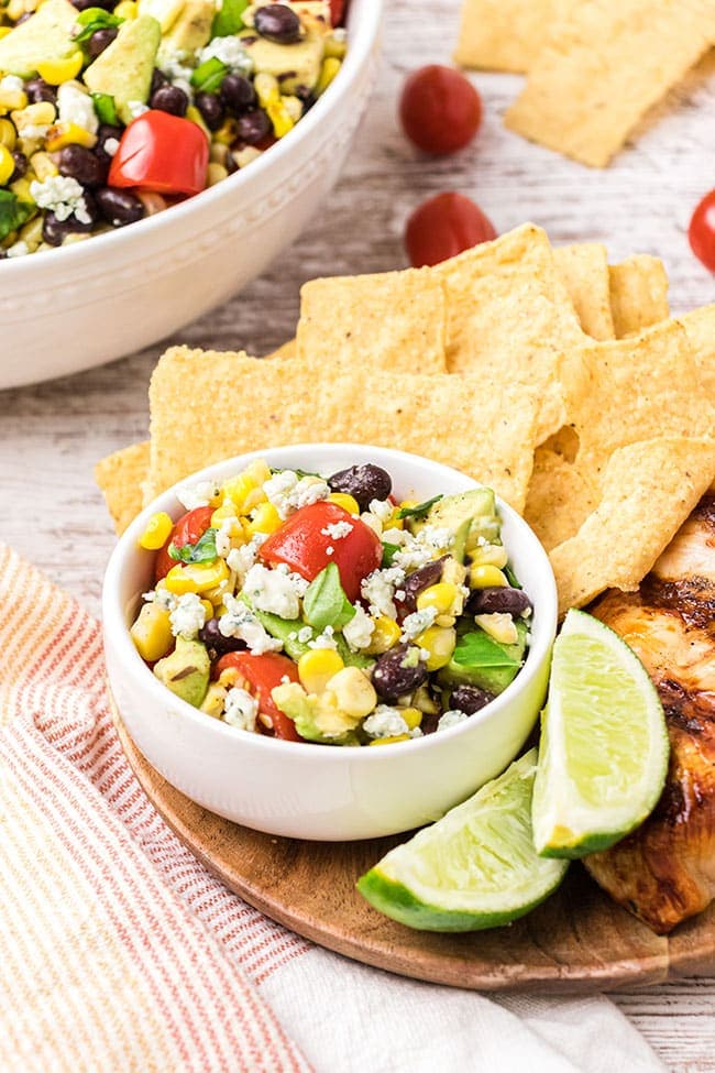 easy corn salad recipe with grilled chicken and toritilla chips