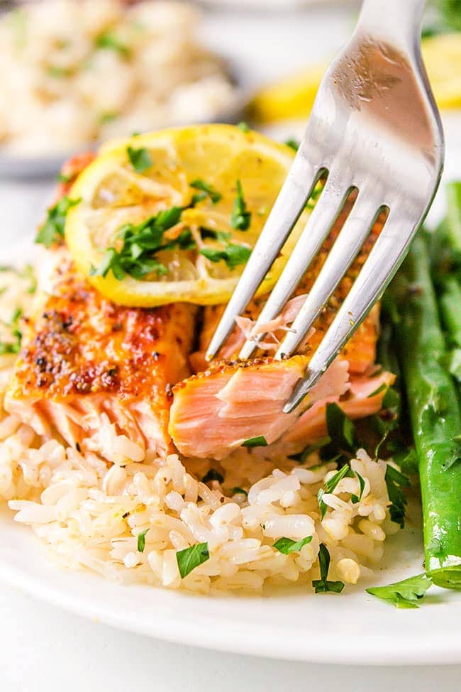 a bite of chili lime salmon on a fork