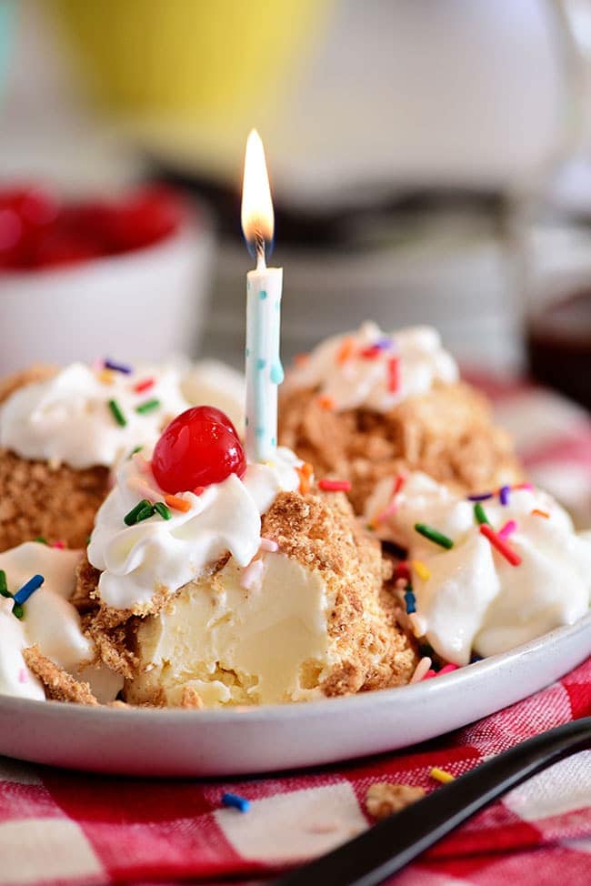 (Un) Fried Ice Cream with sprinkles and birthday candle