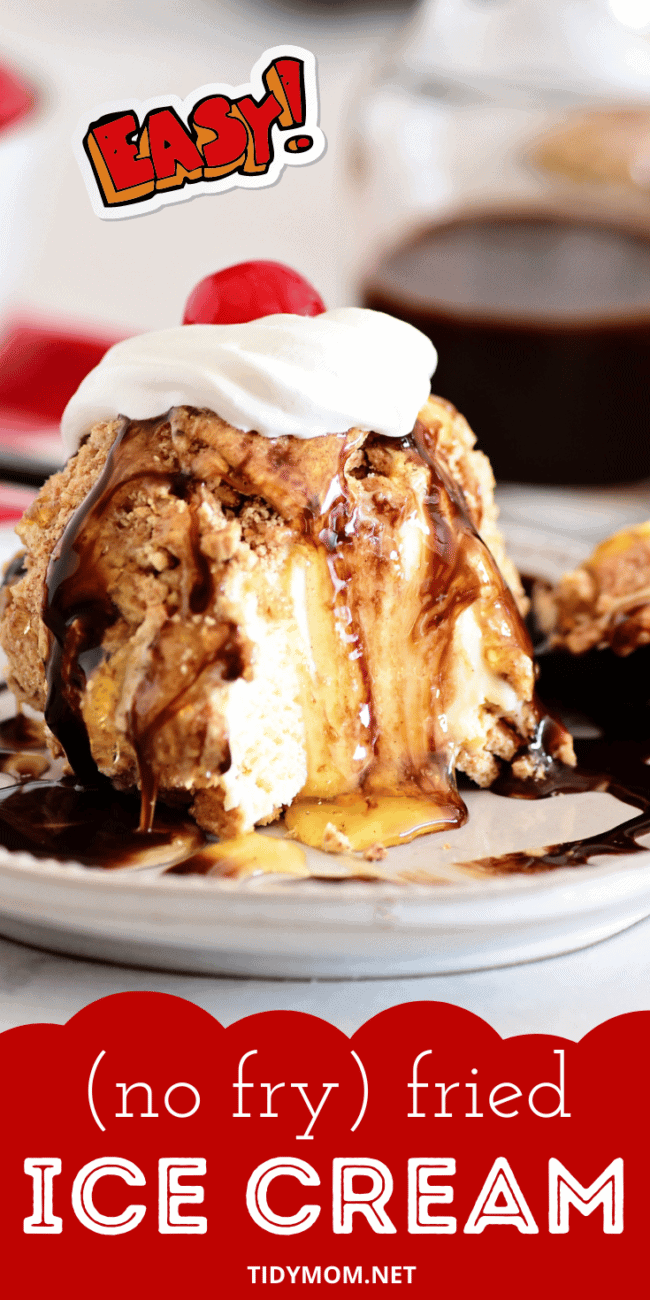 close up of fried ice cream with bite taken drizzled with honey