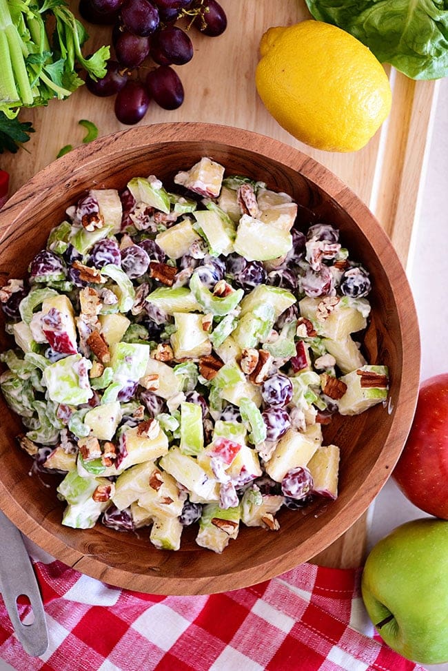 Classic Waldorf salad in a wood bowl