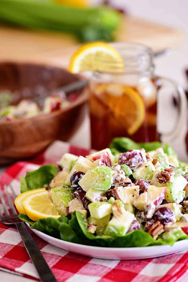 Chicken Waldorf salad on a plate with lettuce