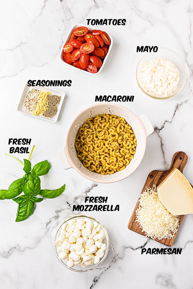 Caprese Macaroni Salad ingredients