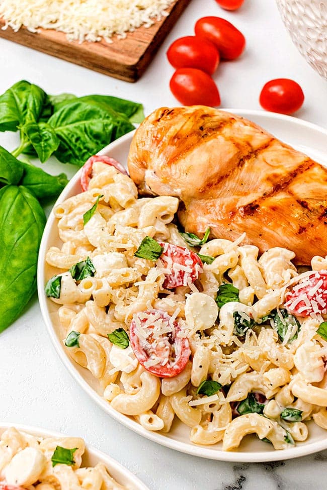 chicken and Caprese Macaroni Salad on a plate