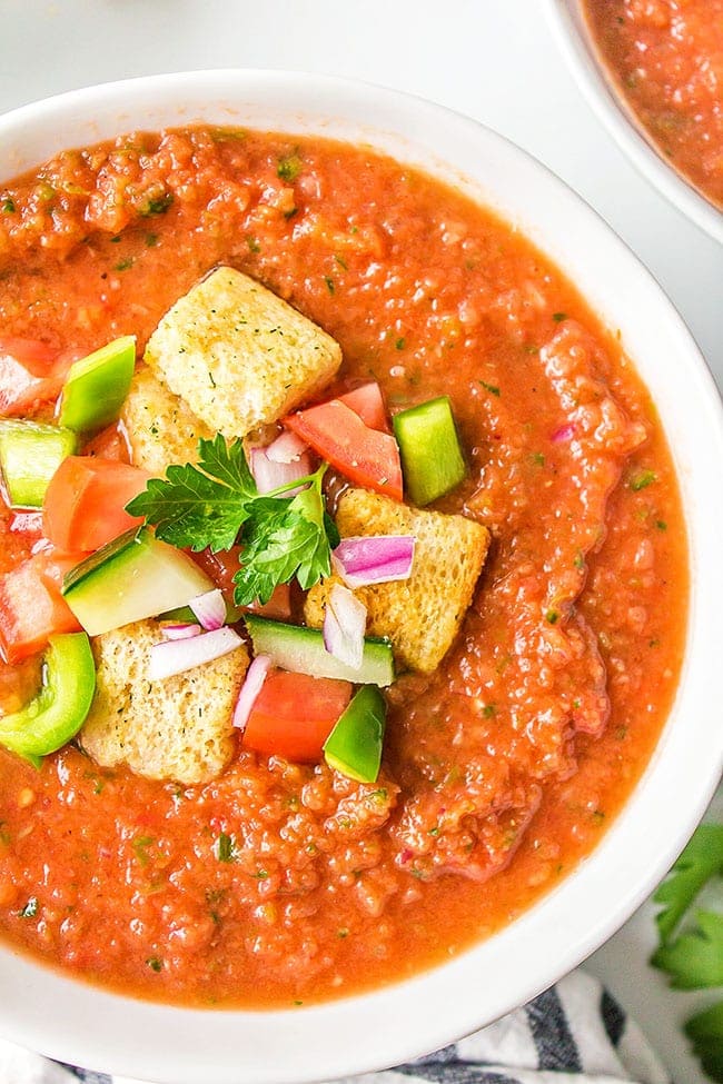 gazpacho recipe without bread in a white bowl