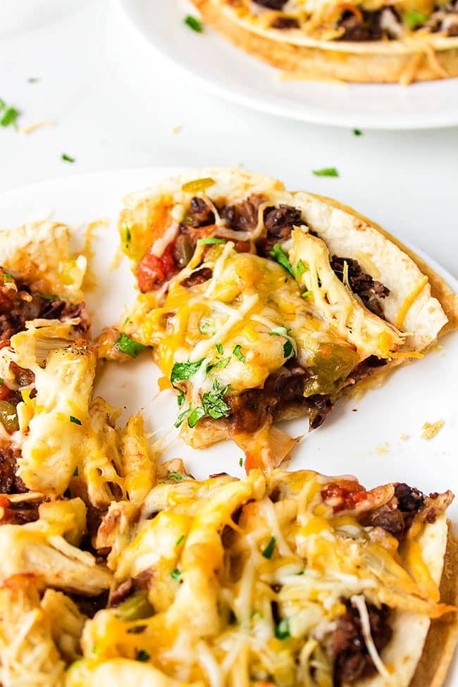 slice of Black Bean Mexican Pizza with tortillas