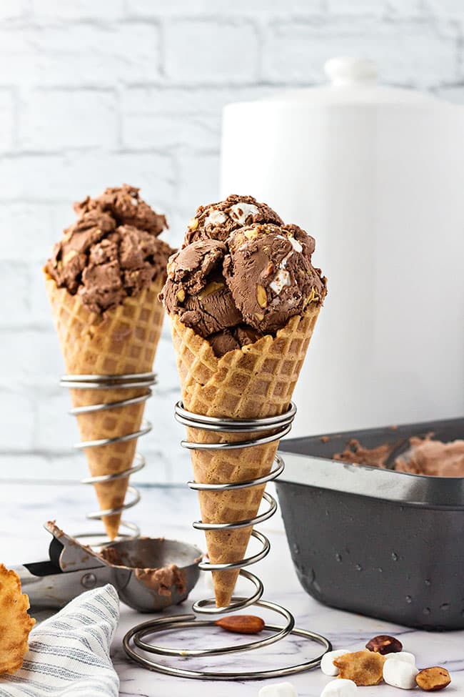 Two cones of No-Churn Rocky Road Ice Cream