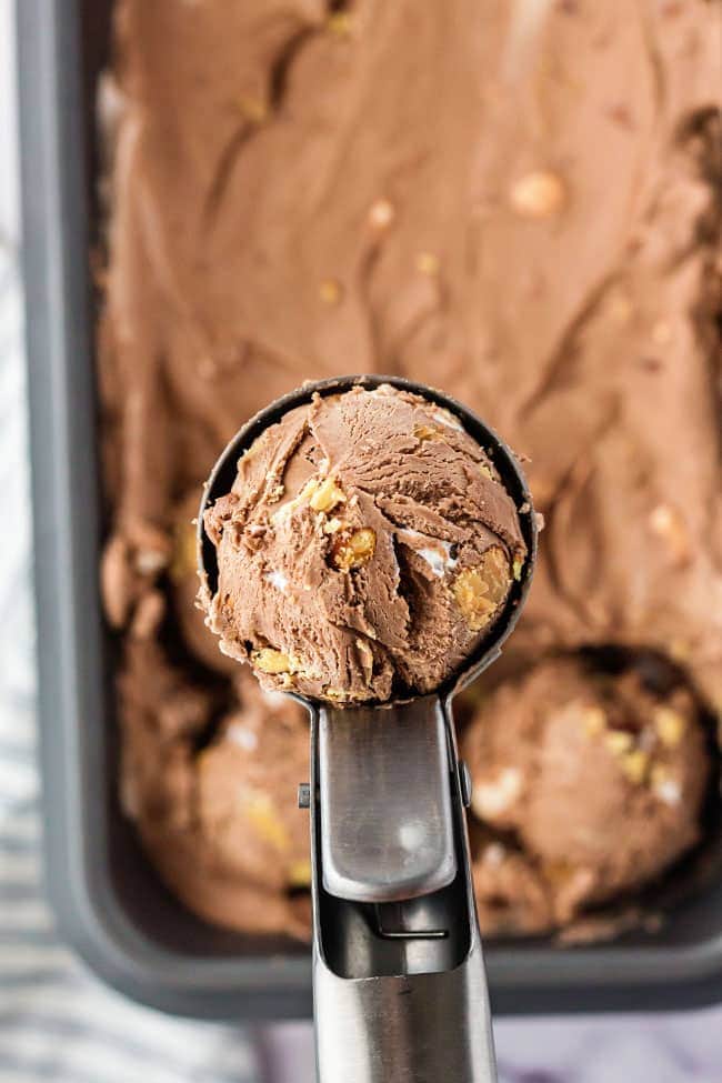 close up of a scoop of Rocky Road Ice Cream with condensed milk