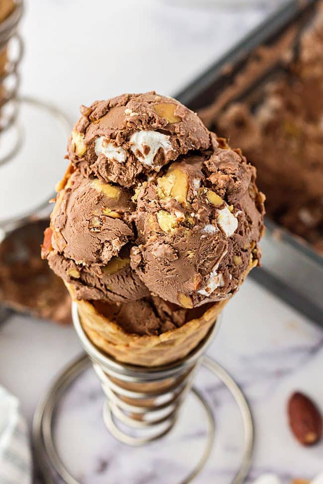 big cone of No-Churn Rocky Road flavor Ice Cream