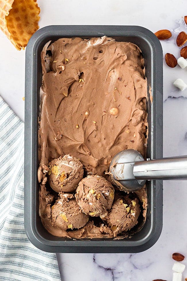 Pan and scoops of No-Churn Rocky Road Ice Cream
