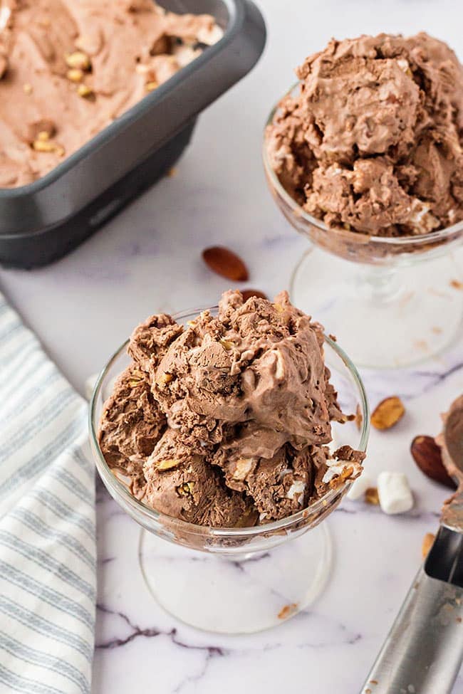 homemade rocky road ice cream in bowls