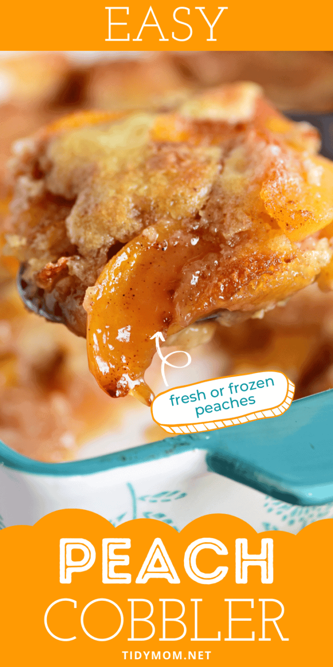 close up of easy peach cobbler on a serving spoon
