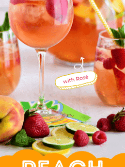 peach rosé sangria with vodka in a stemmed wine glass