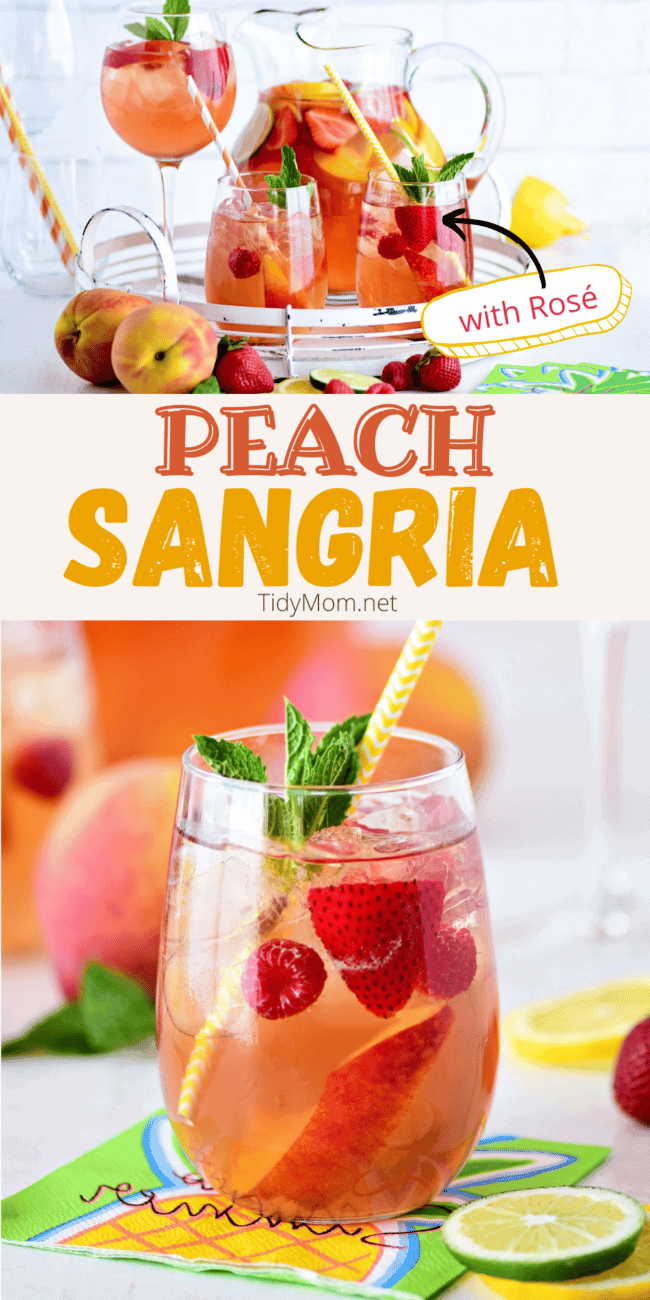 peach rosé sangria with vodka in a pitcher and glasses with fruit